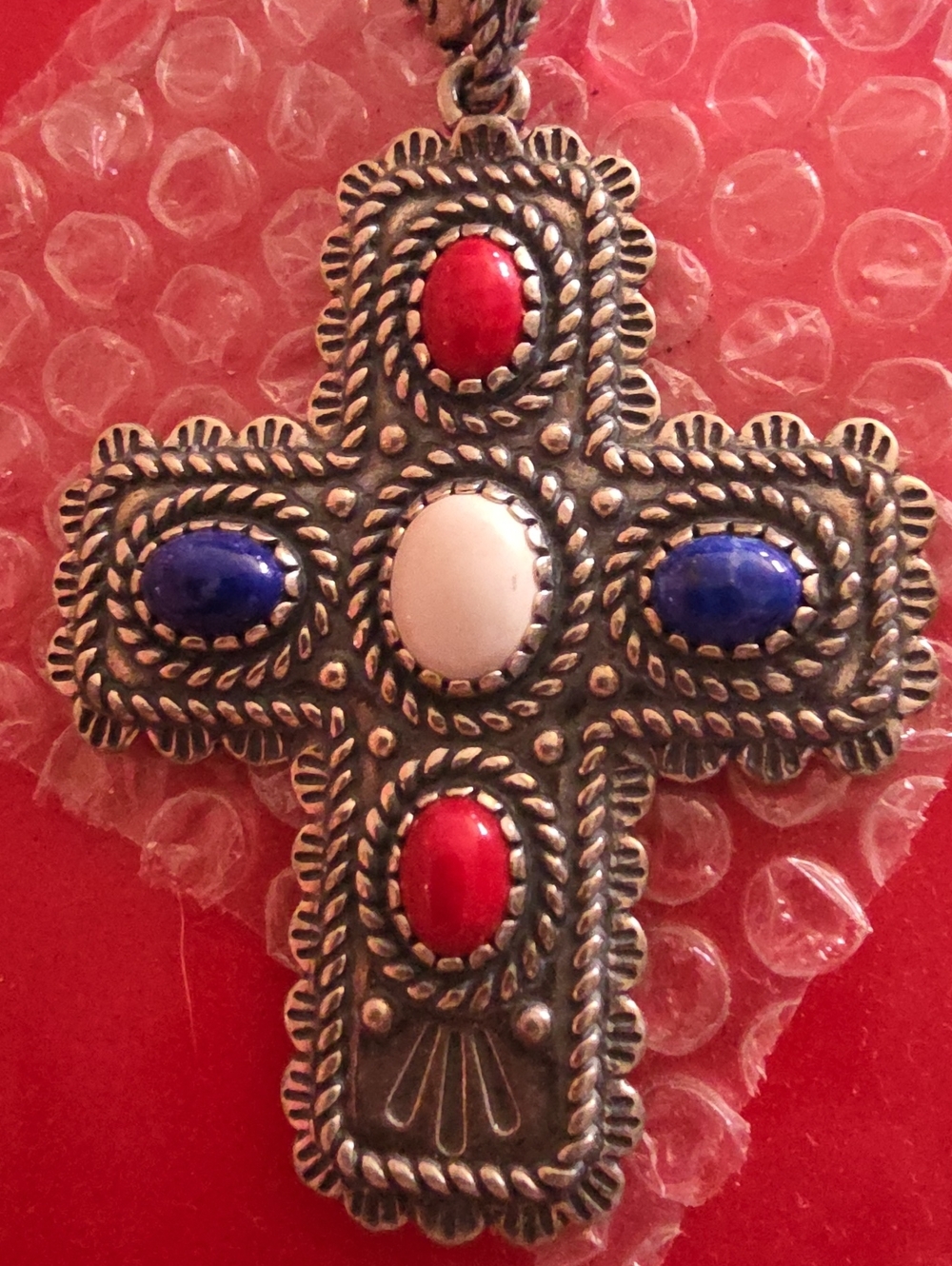 Carolyn Pollack Red, Blue and White Stone Cross Pendant Necklace 925 Sterling